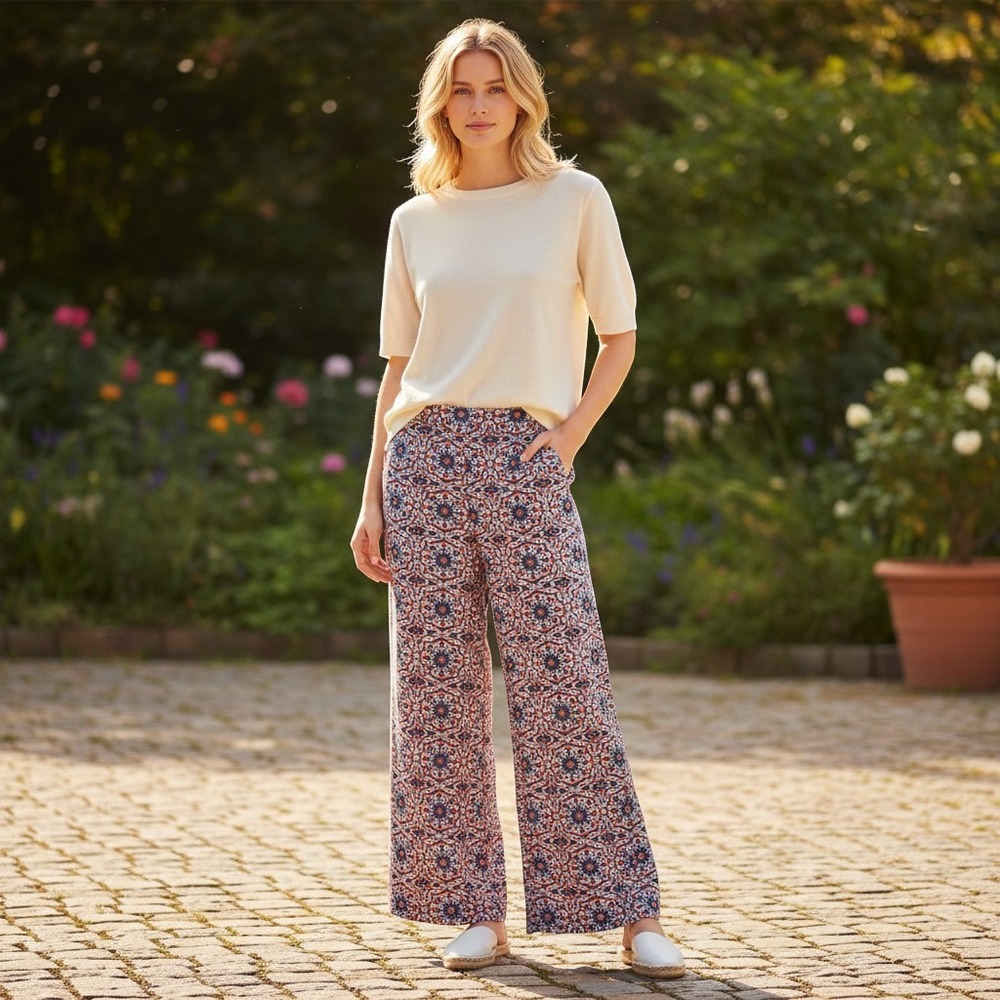 Jones Studio Petite Wide Leg Palazzo Pants Medallion Print Navy Coral PM NWT
